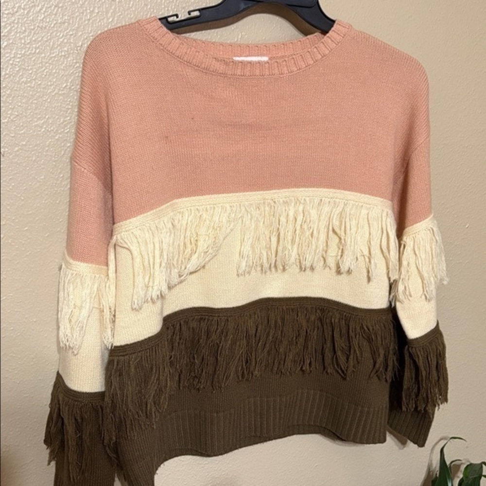 Pink Lily Colorblock Sweater with Fringe - Pink, Cream, Brown